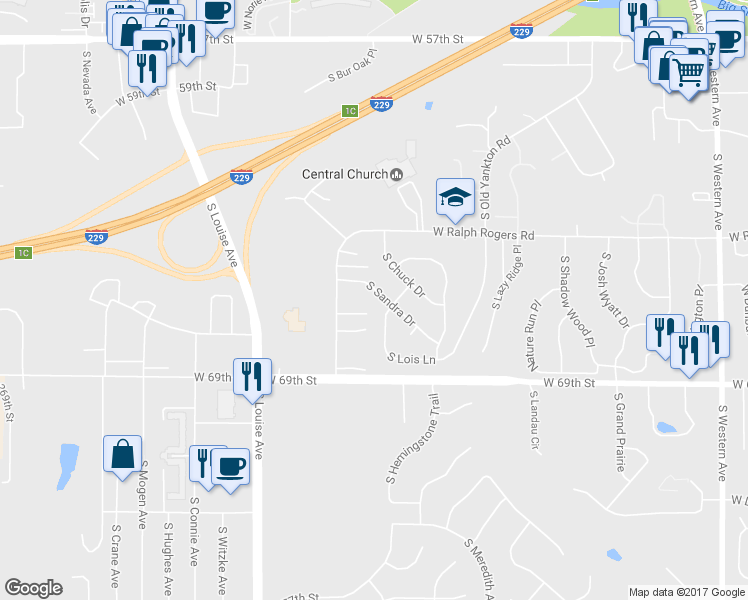 map of restaurants, bars, coffee shops, grocery stores, and more near 5609 South Sandra Drive in Sioux Falls