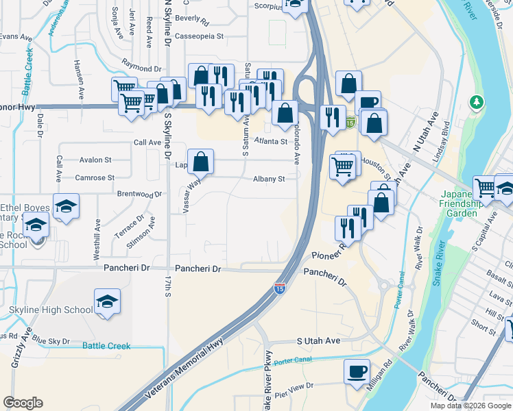map of restaurants, bars, coffee shops, grocery stores, and more near 1489 Carson Street in Idaho Falls