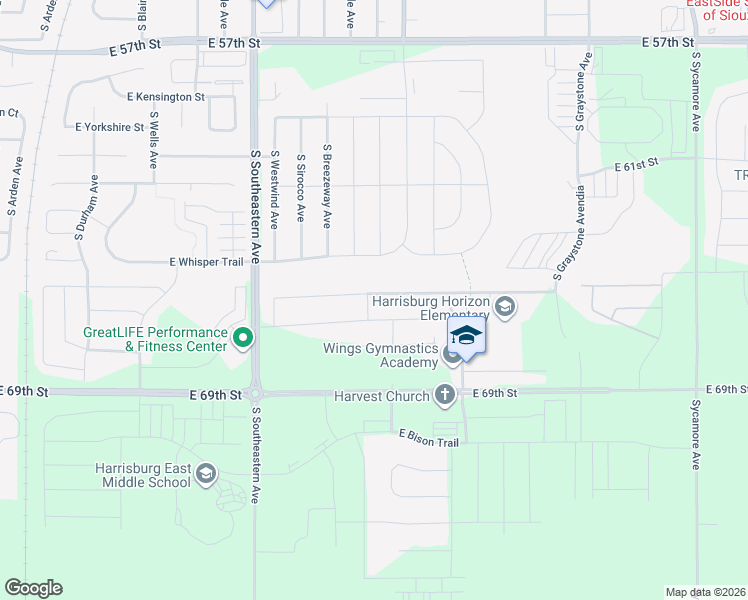 map of restaurants, bars, coffee shops, grocery stores, and more near 3601 East Brewster Street in Sioux Falls