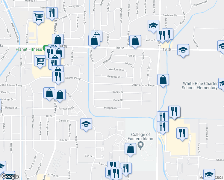 map of restaurants, bars, coffee shops, grocery stores, and more near 2161 Bodily Street in Idaho Falls