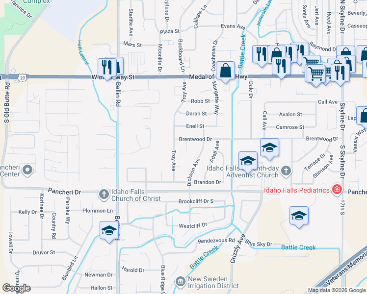 map of restaurants, bars, coffee shops, grocery stores, and more near 600 Brentwood Circle in Idaho Falls