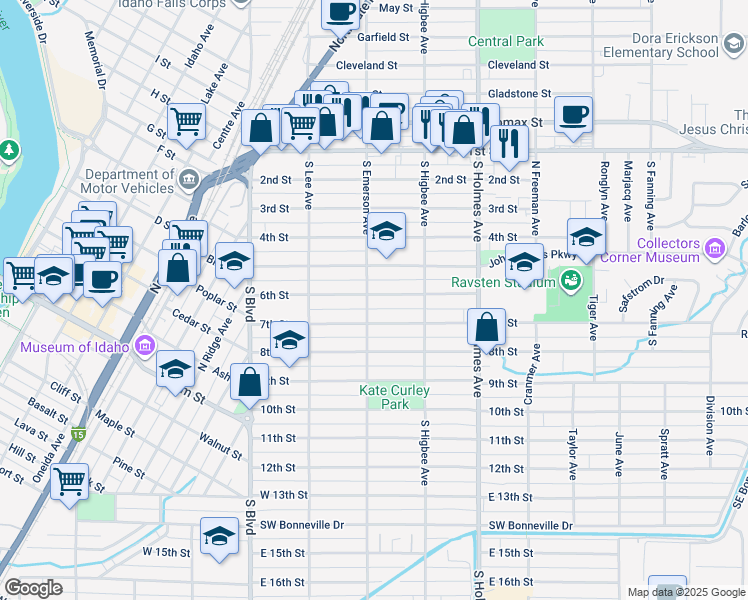 map of restaurants, bars, coffee shops, grocery stores, and more near 295 6th Street in Idaho Falls