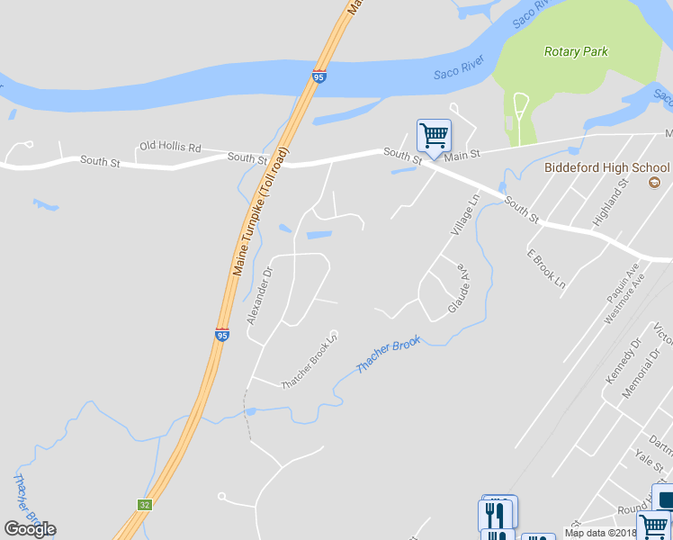 map of restaurants, bars, coffee shops, grocery stores, and more near 9 Indian Ridge Drive in Biddeford