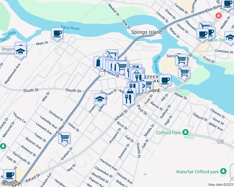 map of restaurants, bars, coffee shops, grocery stores, and more near 13 Crescent Street in Biddeford