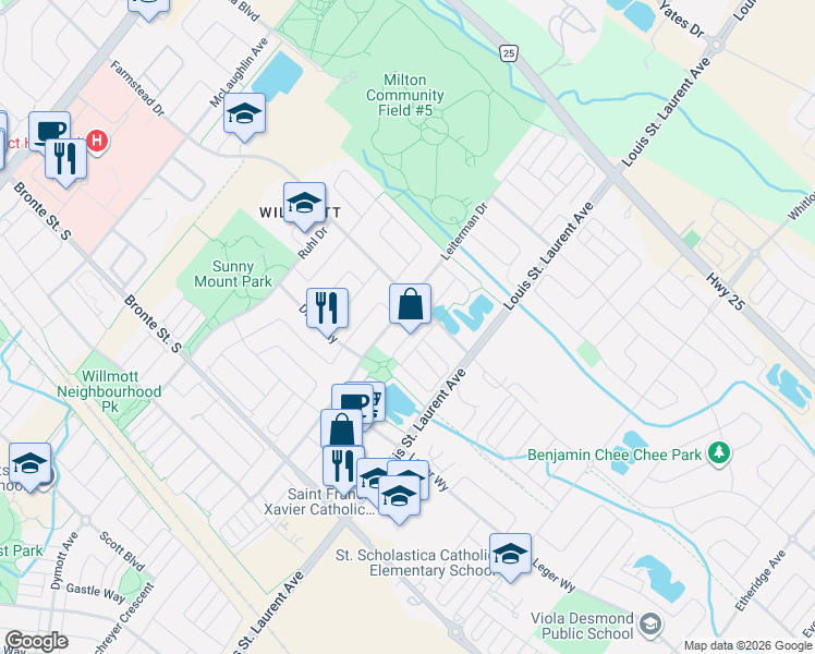 map of restaurants, bars, coffee shops, grocery stores, and more near 358 Cavanagh Lane in Milton