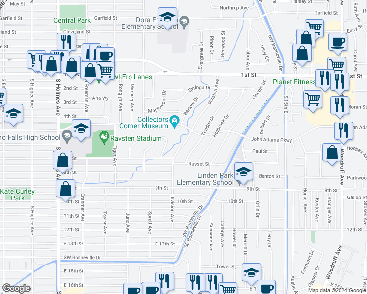 map of restaurants, bars, coffee shops, grocery stores, and more near 557 Linden Drive in Idaho Falls