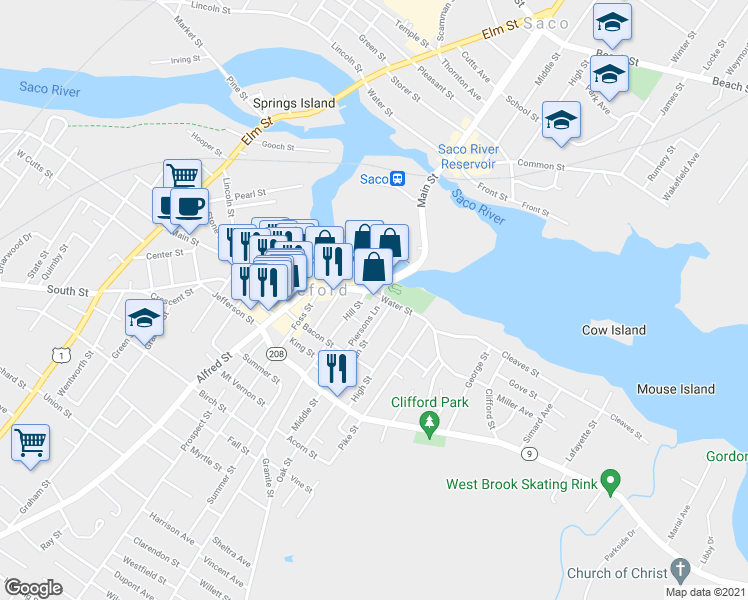 map of restaurants, bars, coffee shops, grocery stores, and more near 2 Water Street in Biddeford