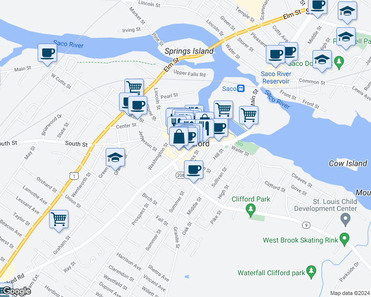 map of restaurants, bars, coffee shops, grocery stores, and more near in Biddeford