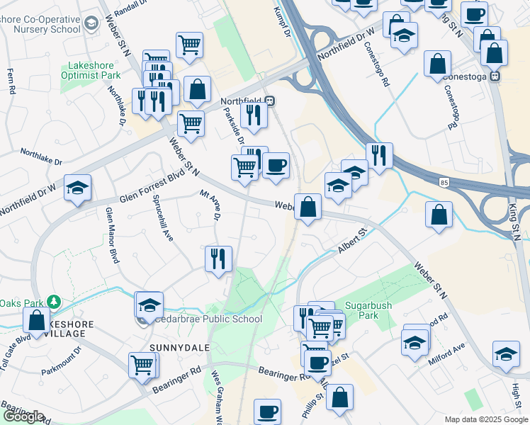 map of restaurants, bars, coffee shops, grocery stores, and more near 550 Weber Street North in Waterloo