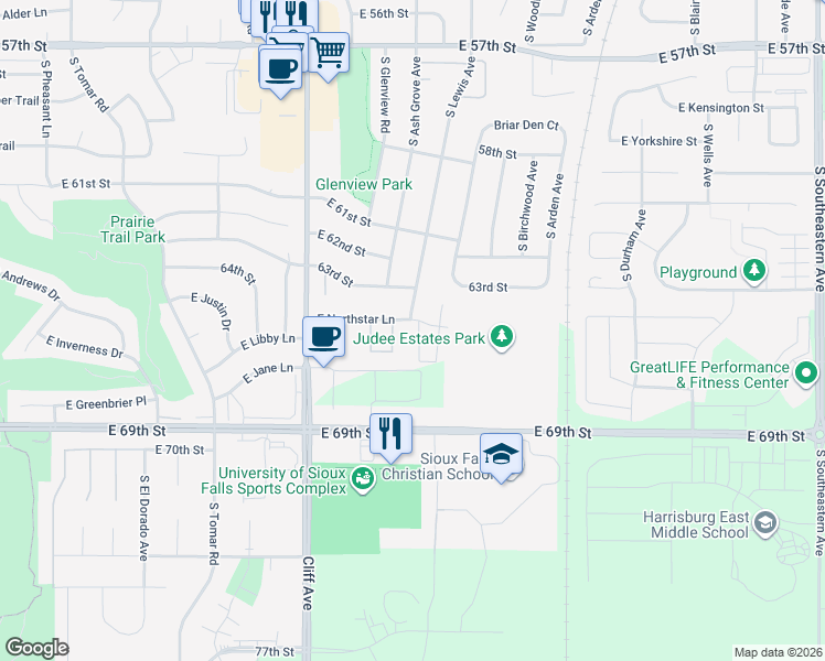 map of restaurants, bars, coffee shops, grocery stores, and more near 1701 East Northstar Lane in Sioux Falls
