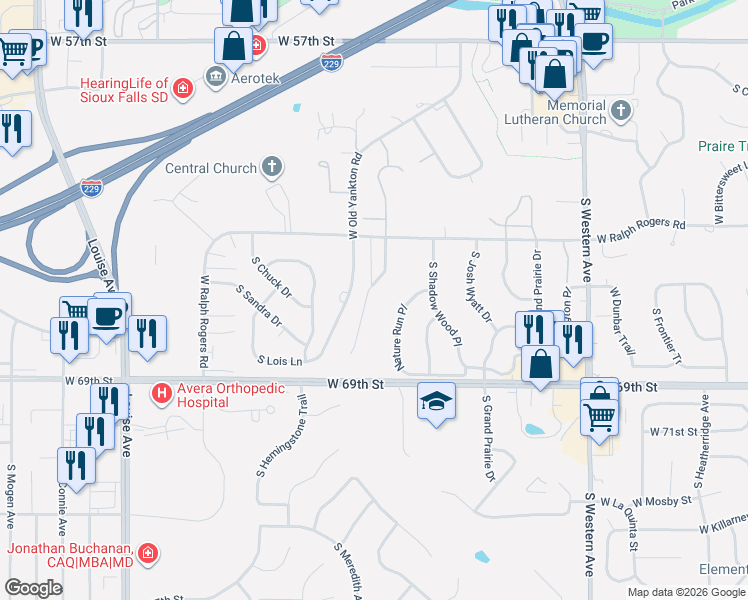 map of restaurants, bars, coffee shops, grocery stores, and more near 5700 South Lazy Ridge Place in Sioux Falls