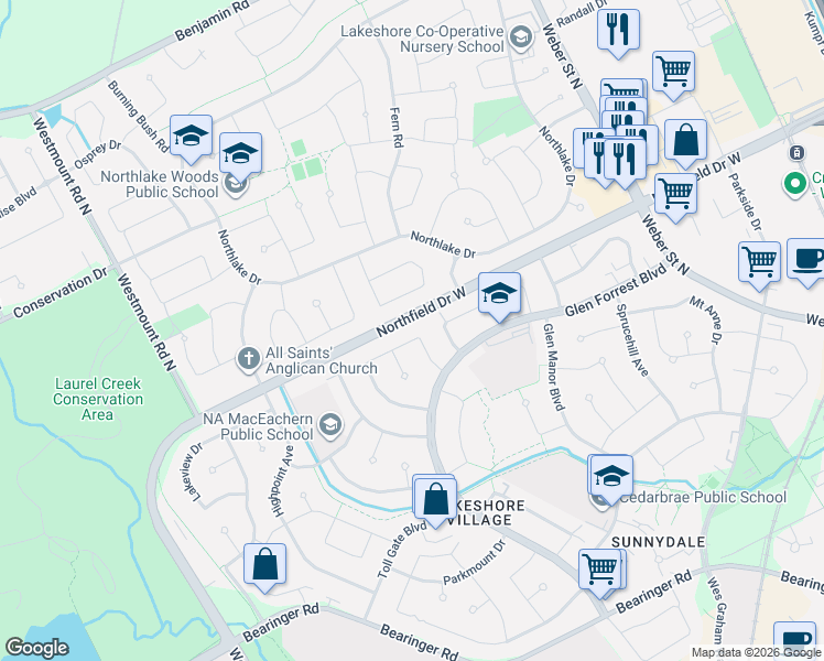 map of restaurants, bars, coffee shops, grocery stores, and more near 127 Morningdale Crescent in Waterloo