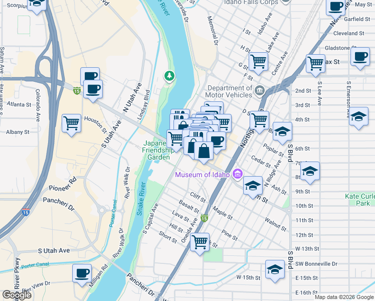 map of restaurants, bars, coffee shops, grocery stores, and more near 498 West Broadway Street in Idaho Falls