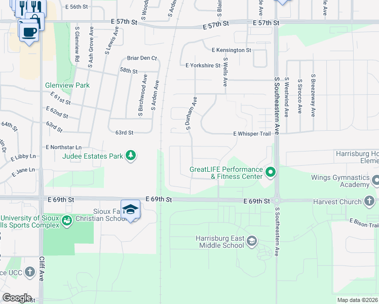 map of restaurants, bars, coffee shops, grocery stores, and more near 2619 East Whisper Trail in Sioux Falls