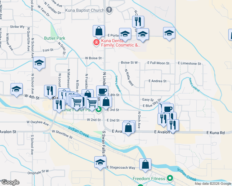 map of restaurants, bars, coffee shops, grocery stores, and more near 202 East 4th Street in Kuna