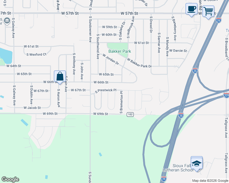 map of restaurants, bars, coffee shops, grocery stores, and more near 5900 West Misty Glen Place in Sioux Falls