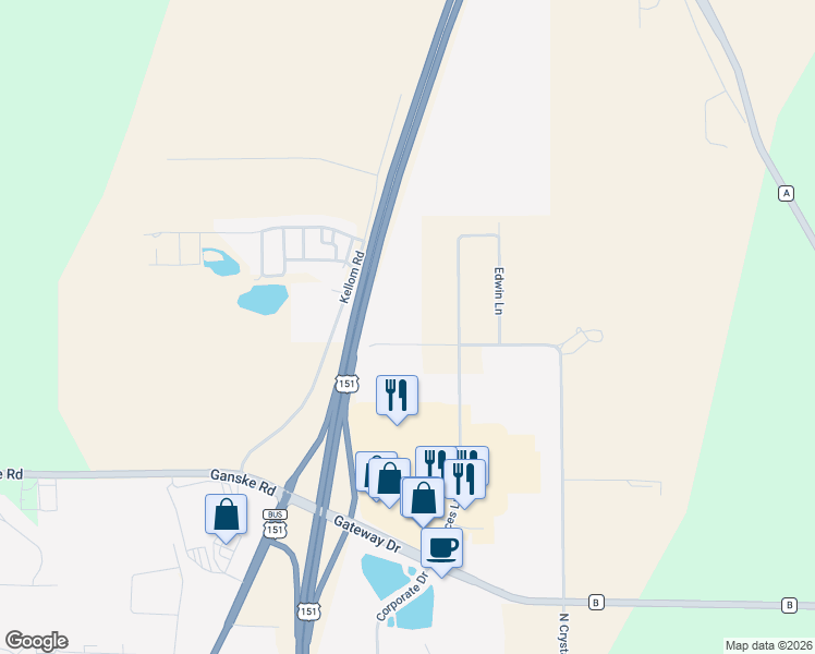 map of restaurants, bars, coffee shops, grocery stores, and more near N8219 Frances Lane in Beaver Dam