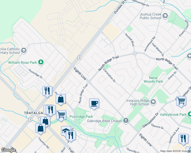 map of restaurants, bars, coffee shops, grocery stores, and more near 2603 North Ridge Trail in Oakville