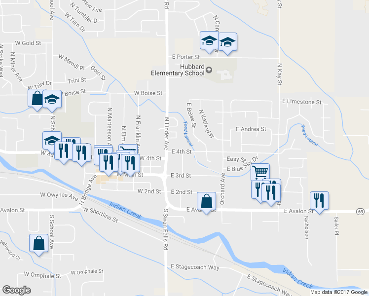 map of restaurants, bars, coffee shops, grocery stores, and more near 202 East 4th Street in Kuna