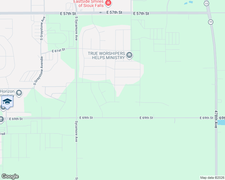 map of restaurants, bars, coffee shops, grocery stores, and more near 47756 East 69th Street in Sioux Falls