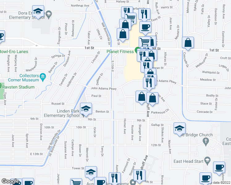 map of restaurants, bars, coffee shops, grocery stores, and more near 1518 John Adams Parkway in Idaho Falls