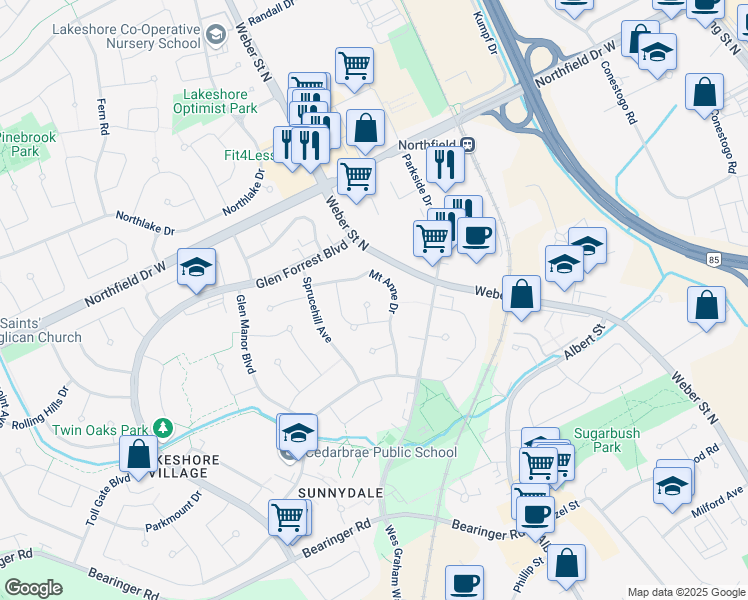 map of restaurants, bars, coffee shops, grocery stores, and more near 542 Lynnbrook Place in Waterloo