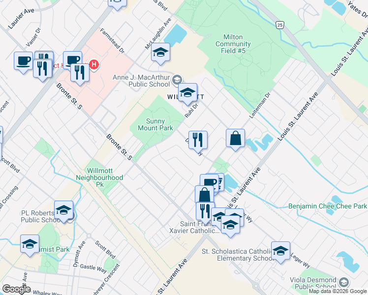 map of restaurants, bars, coffee shops, grocery stores, and more near 311 Cochrane Terrace in Milton