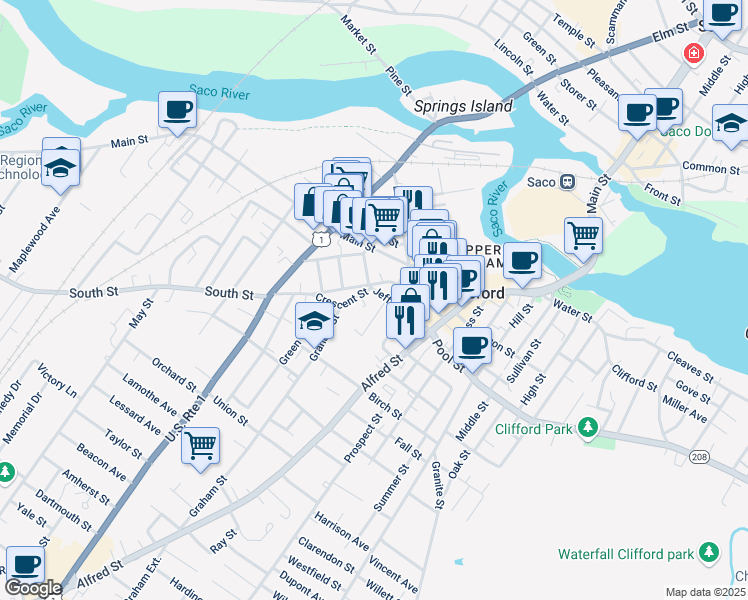 map of restaurants, bars, coffee shops, grocery stores, and more near 13 Crescent Street in Biddeford