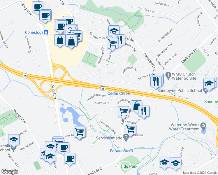 map of restaurants, bars, coffee shops, grocery stores, and more near Conestoga Parkway in Waterloo