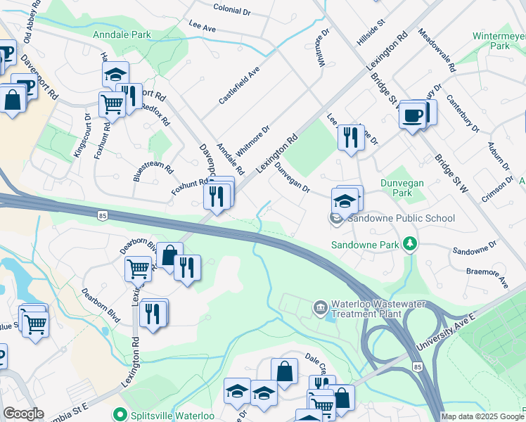 map of restaurants, bars, coffee shops, grocery stores, and more near 423 B Cadbury Court in Waterloo
