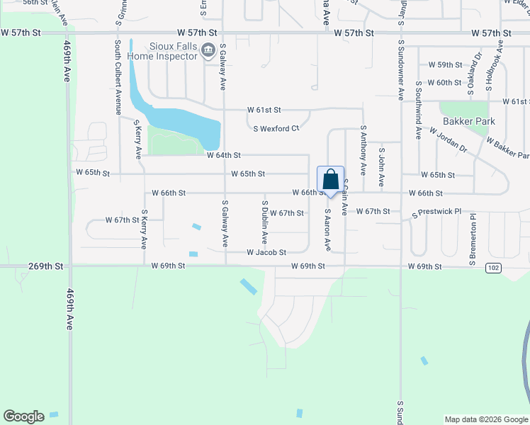 map of restaurants, bars, coffee shops, grocery stores, and more near West 67th Street in Sioux Falls