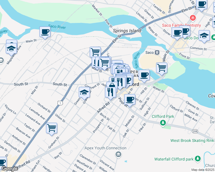 map of restaurants, bars, coffee shops, grocery stores, and more near 35 Adams Street in Biddeford