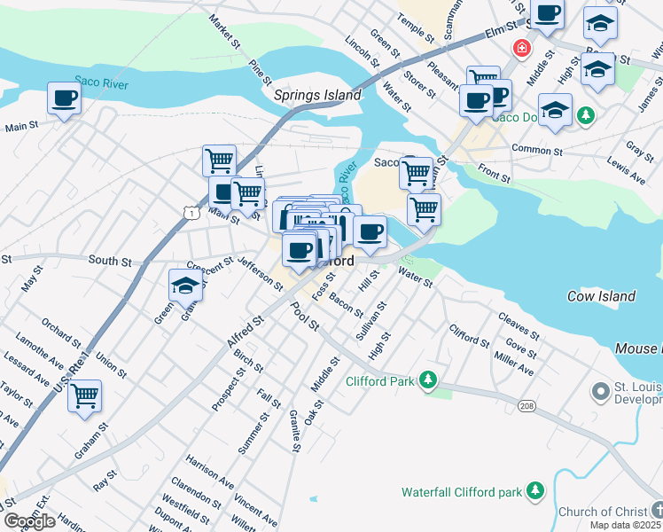 map of restaurants, bars, coffee shops, grocery stores, and more near in Biddeford