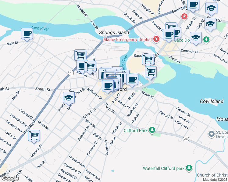 map of restaurants, bars, coffee shops, grocery stores, and more near in Biddeford