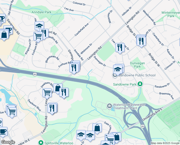 map of restaurants, bars, coffee shops, grocery stores, and more near 423 B Cadbury Court in Waterloo