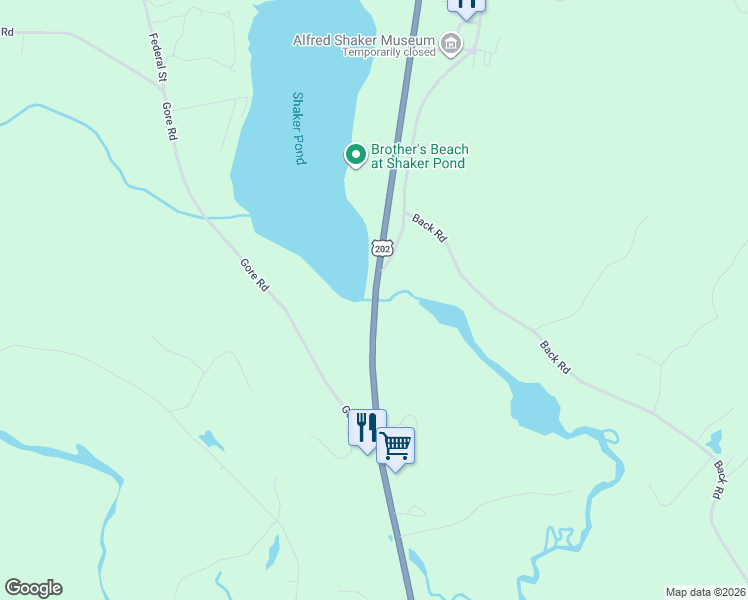 map of restaurants, bars, coffee shops, grocery stores, and more near 228 Waterboro Road in Alfred