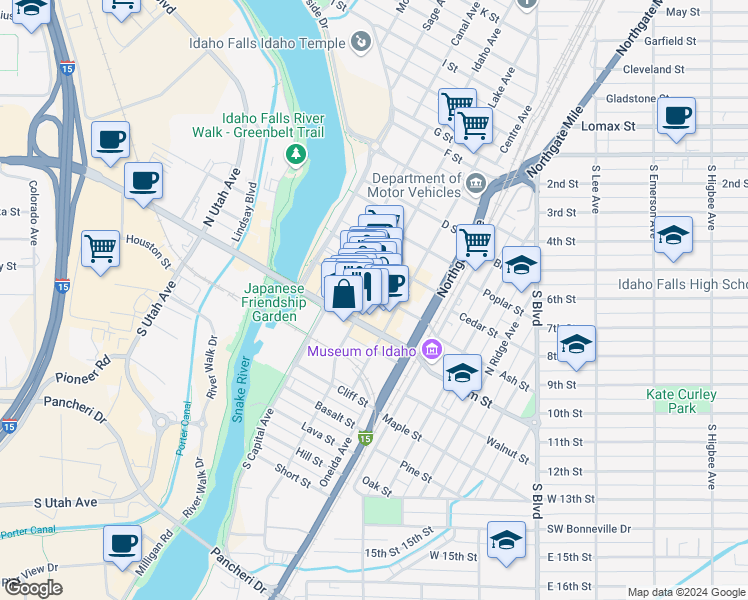 map of restaurants, bars, coffee shops, grocery stores, and more near 383 A Street in Idaho Falls