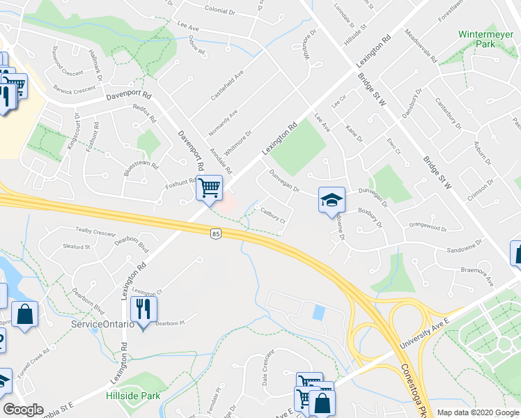 map of restaurants, bars, coffee shops, grocery stores, and more near 423 Cadbury Court in Waterloo