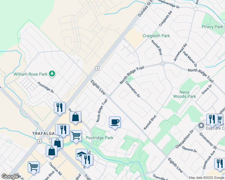 map of restaurants, bars, coffee shops, grocery stores, and more near 2603 North Ridge Trail in Oakville