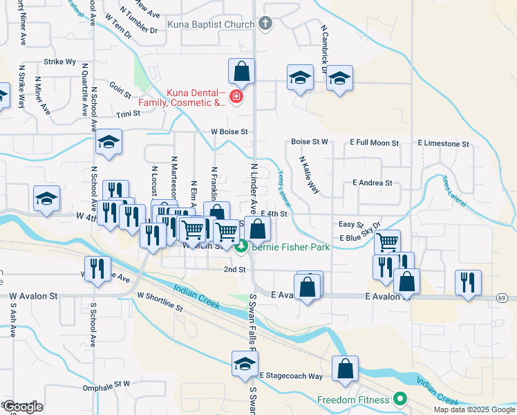 map of restaurants, bars, coffee shops, grocery stores, and more near 474 North Linder Avenue in Kuna