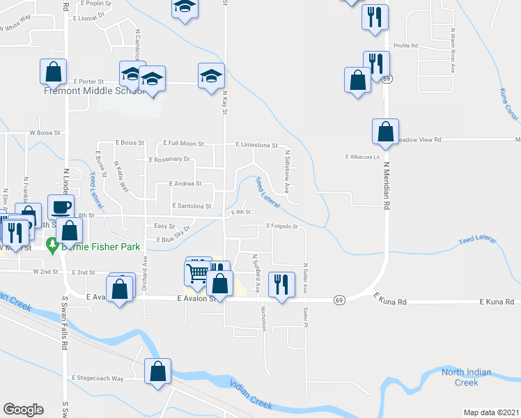 map of restaurants, bars, coffee shops, grocery stores, and more near 930 East 4th Street in Kuna