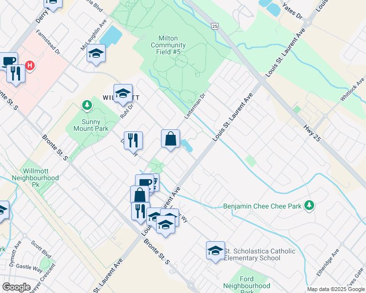 map of restaurants, bars, coffee shops, grocery stores, and more near Farmstead Drive in Milton
