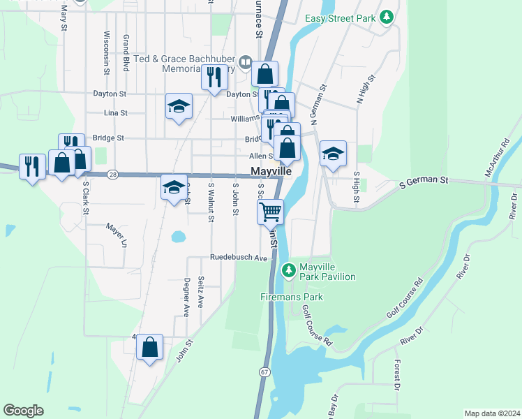 map of restaurants, bars, coffee shops, grocery stores, and more near South School Street in Mayville