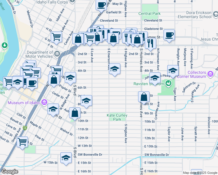 map of restaurants, bars, coffee shops, grocery stores, and more near 6th Street in Idaho Falls
