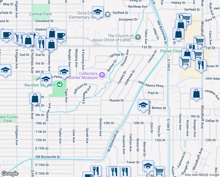 map of restaurants, bars, coffee shops, grocery stores, and more near 557 Linden Drive in Idaho Falls