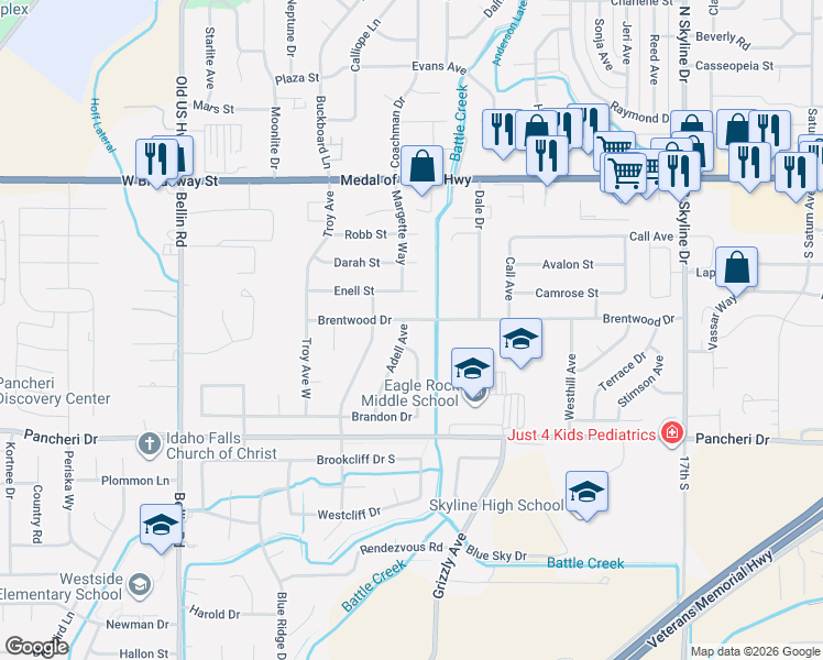 map of restaurants, bars, coffee shops, grocery stores, and more near 569 Adell Avenue in Idaho Falls