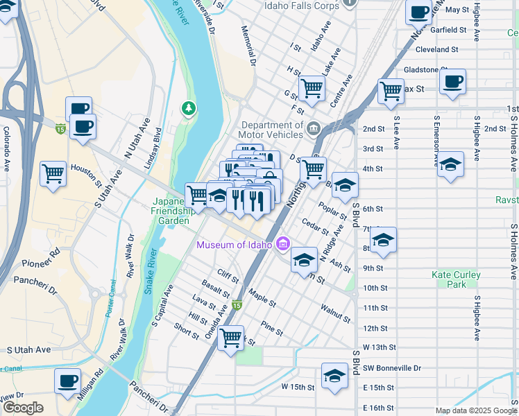 map of restaurants, bars, coffee shops, grocery stores, and more near 320 A Street in Idaho Falls