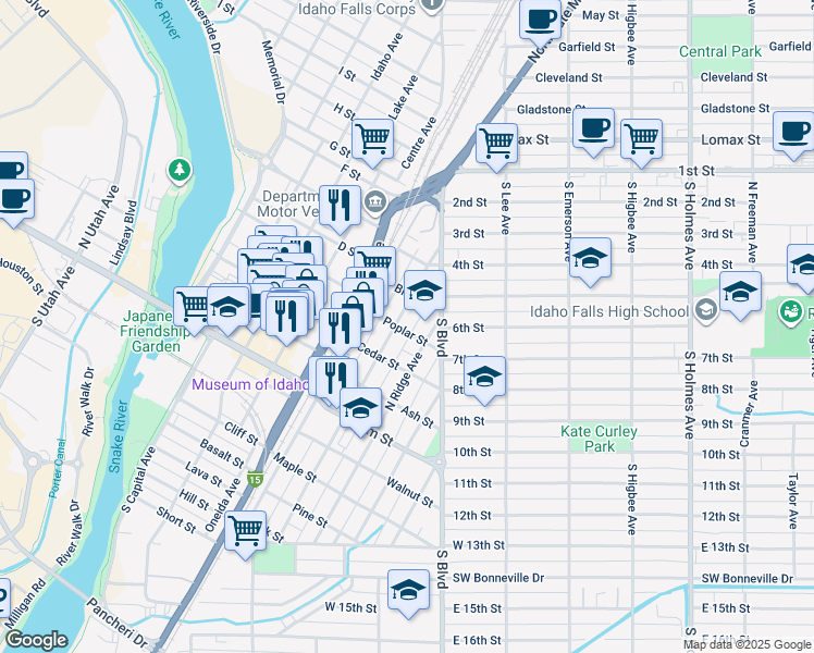 map of restaurants, bars, coffee shops, grocery stores, and more near 5 Poplar Street in Idaho Falls