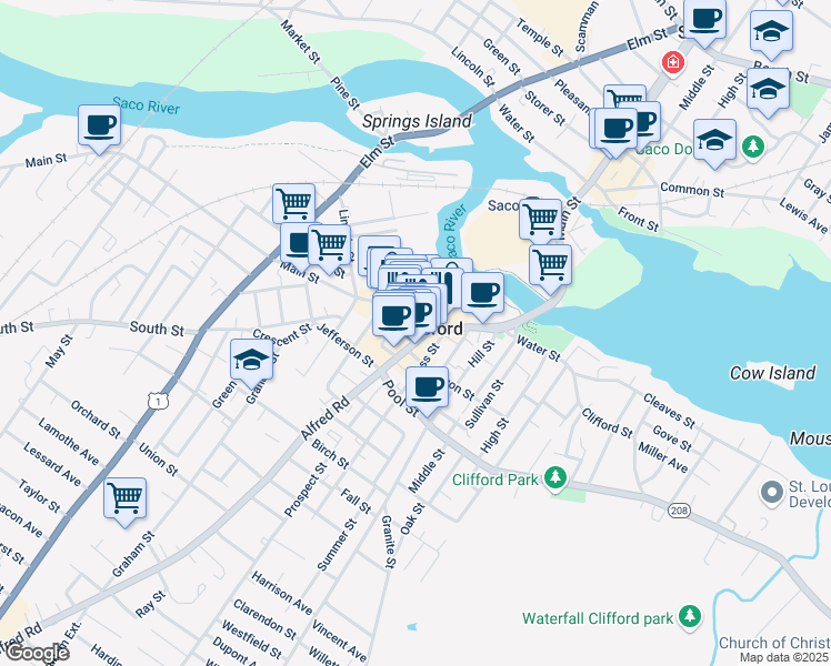 map of restaurants, bars, coffee shops, grocery stores, and more near 105 Main Street in Biddeford