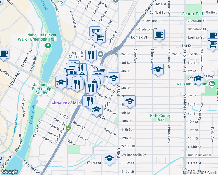 map of restaurants, bars, coffee shops, grocery stores, and more near 225 Poplar Street in Idaho Falls